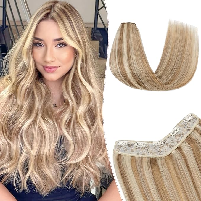 One Pieces Clip in Hair Extensions Human Hair Upgraded V-Shaped 5 Clips in Hair Extensions Human Hair Long Hairpiece For Women,20 Inch,#12P613 Golden Brown mixed Bleach Blonde,70g