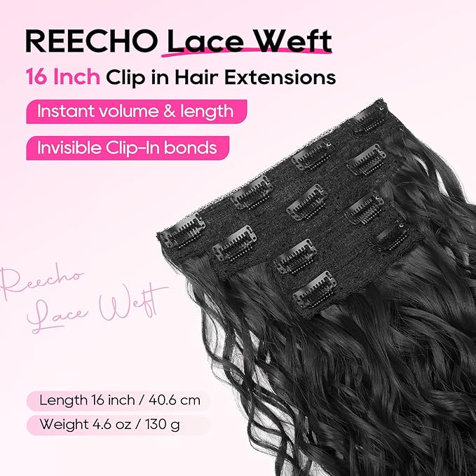REECHO Curly Hair Extensions, 4PCS 16 inch Clip in Hair Extensions Lace Weft Short Curly Hair Extensions Clip Ins Invisible Natural Hairpieces for Women, Natural Black