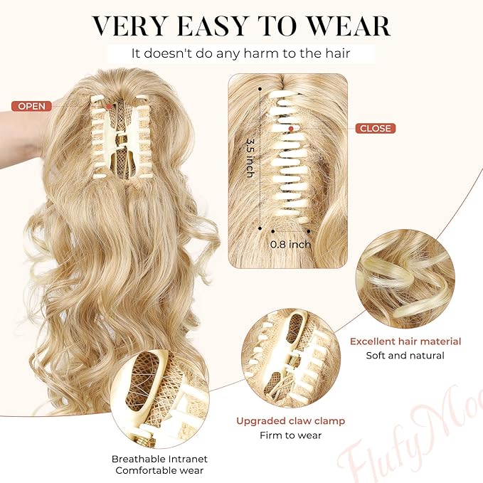Flufymooz Ponytail Extension, 18 inch Wavy Curly Claw Clip Ponytail Extension Clip on Ponytails Natural Synthetic Hairpiece for Women Daily Wear (Medium Blonde with Light Blonde)