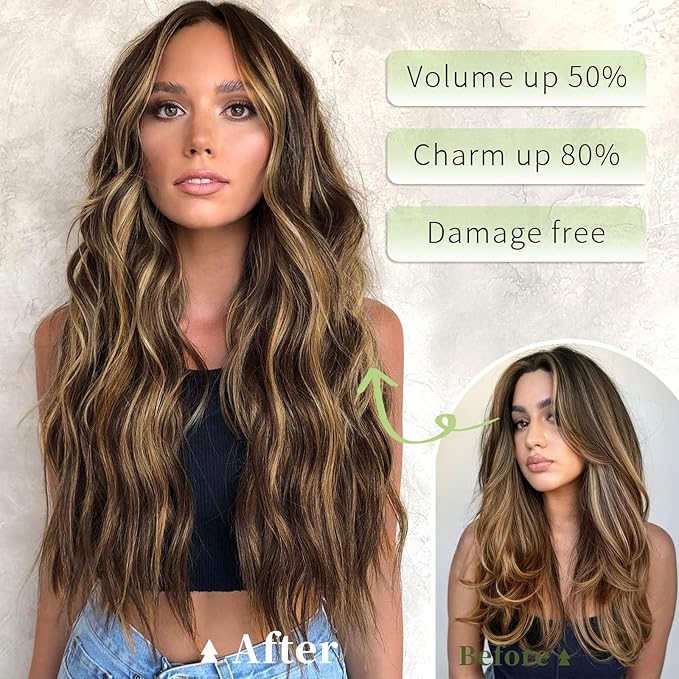 KooKaStyle Invisible Wire Hair Extensions with Transparent Headband Adjustable Size 4 Secure Clips Long Wavy Secret Wire Hairpiece 20 Inch Chestnut Brown with Blonde Highlights for Women
