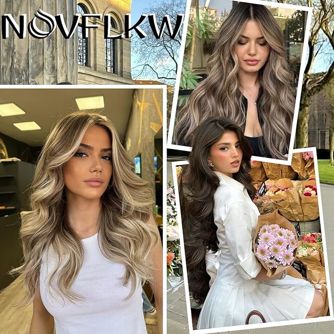 Brown Mixed Blonde Invisible Wire Hair Extensions Long Wavy Synthetic Hairpiece with 4 Secure Clips for Women 20 Inch Clip in Hair Extensions