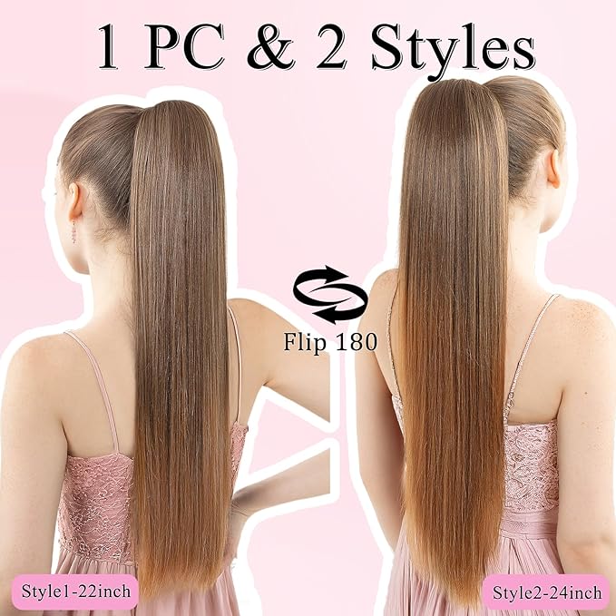 Ponytail Extension, 24" Long Straight Claw Clip Ponytail Extension clip on ponytails hair clip Hair claw clip Fake Ponytail Hairpieces for Women – Dark Brown with Auburn End