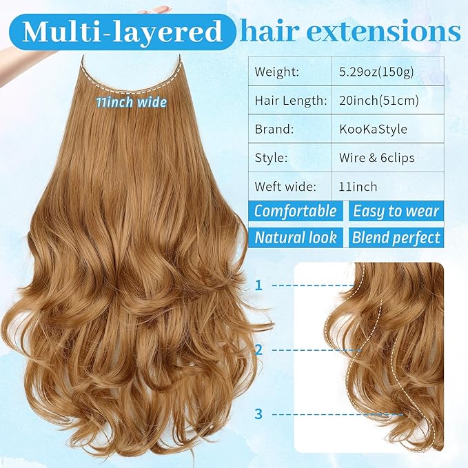 KooKaStyle Invisible Wire Hair Extensions Long Wavy Layered Synthetic Hair Extensions with Transparent Wire Adjustable Size 6 Secure Clips Strawberry Blonde Hairpieces for Women 20 Inch