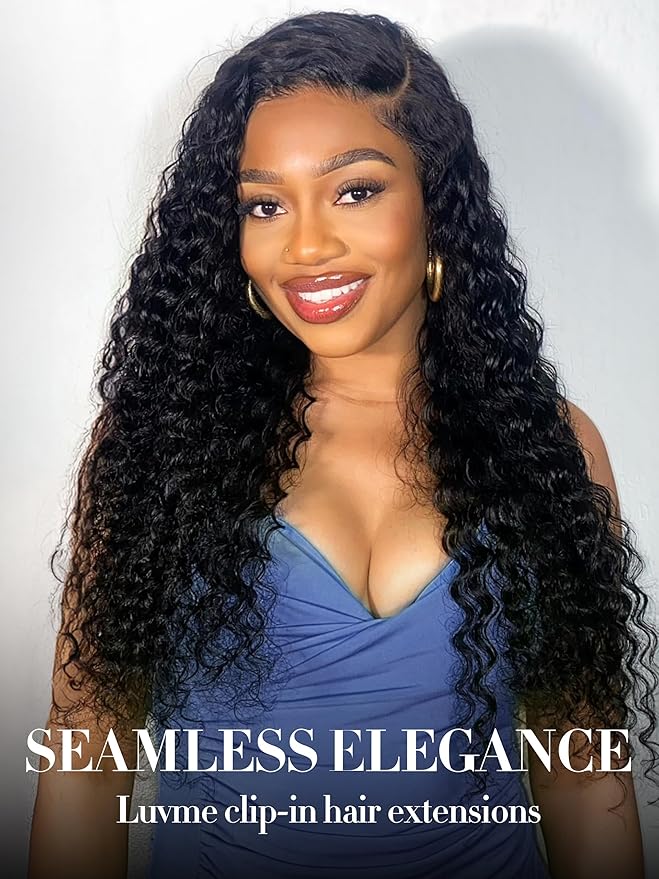 LUVME Clip in Hair Extensions Thick Loose Deep Wavy Hair Extensions, Natural Black 135g 7pcs 22 Inch, Real Hair Clip in Human Hair for Women