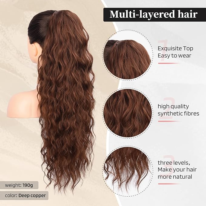 Flufymooz Ponytail Extension, 26 Inch Drawstring Ponytail Hair Extensions for Women， Long Curly Wavy Pony Tail Natural Wavy Synthetic Hairpiece for Women Daily Use party (26 Inch Deep copper)