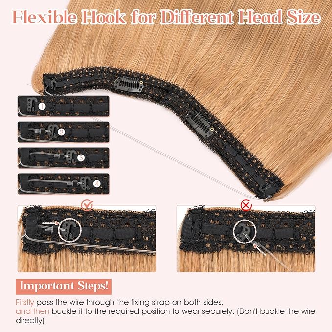 Hairro Wire Hair Extensions Human Hair, Fish Line Invisible Adjustable & Clips in Extensions Straight, 100% Real Hairpieces Seamless Blending for Women, 14 Inch 70g Dark Blonde