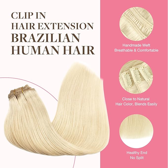 GOO GOO Clip in Hair Extensions Real Human Hair, Remy Human Hair Extensions Clip ins for Women, Natural Human Hair, 16inch 150g 9Pcs, 613R Bleach Blonde