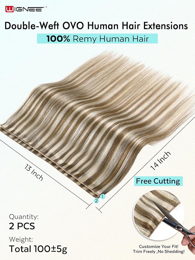 WIGNEE 100% Remy Double Weft Invisible PU OVO Human Hair Extensions 14 Inch Micro Beads Real Human Hair Extensions Blonde Ombre Wefts Hair Extensions Real Human Hair(9A/60)