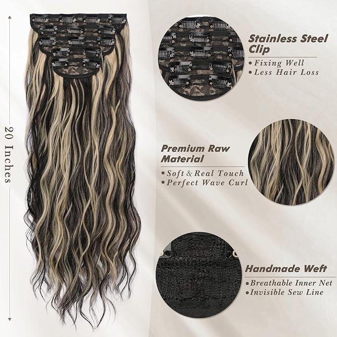 BARSDAR Black and Blonde Clip in Hair Extensions - Black Blonde Highlights Long Wavy Clip in Hair Extensions for Women - 20 Inch 5 PCS Thick Soft Synthetic Hairpieces Daily Party Halloween