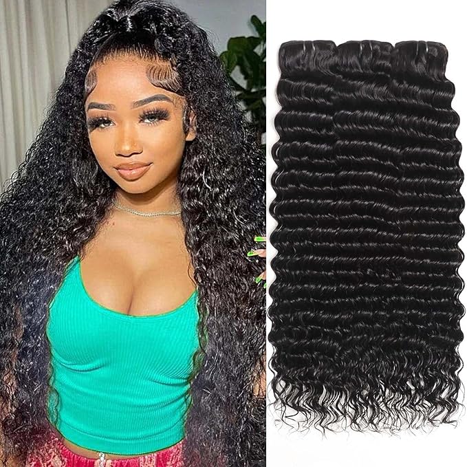 12A 3Bundles Human Hair 20 22 24 lnch Deep Wave Bundles Human Hair 100% Unprocessed Virgin Deep Curly Bundles Extensions Natural Black
