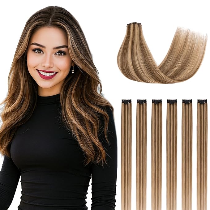 Clip in Hair Extensions Real Human Hair for Women, 14 Inch 36g 6pcs, Medium Brown Mix Dark Blonde, Straight - Highlight, Add Volume and Length for Daily Wear, Parties, Weddings
