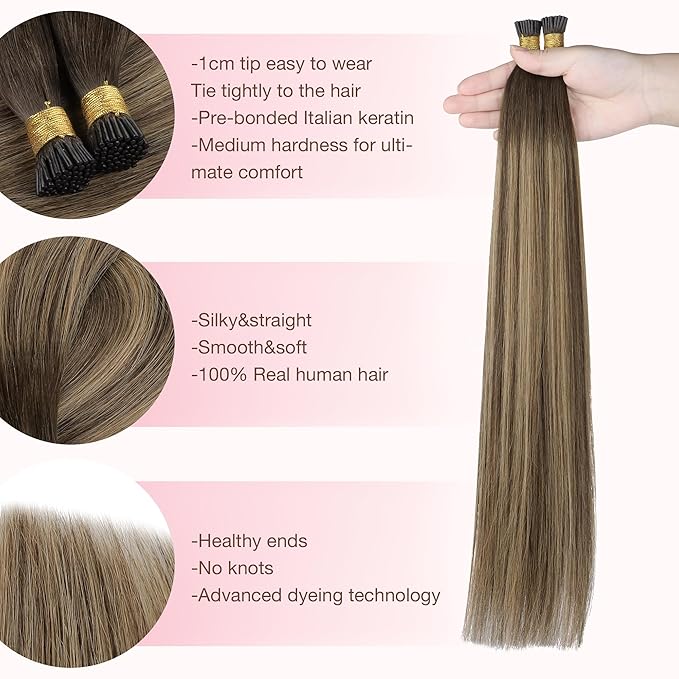 GOO GOO I Tip Hair Extensions - Real Human Hair, 16inch 100g 200S, Cold Fusion, Invisible Remy, 4/26/4 Balayage Chocolate Brown to Honey Blonde