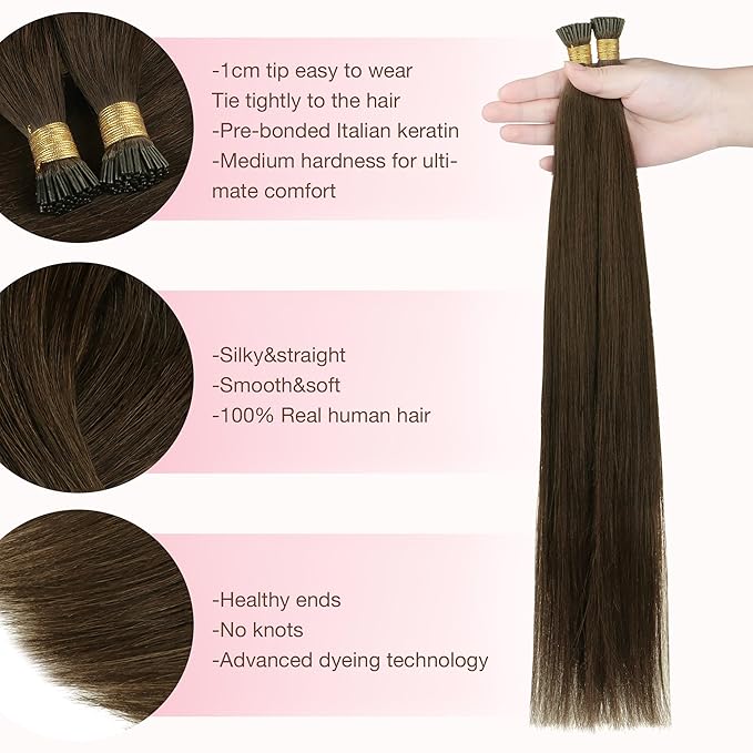 GOO GOO I Tip Hair Extensions, Real Human Hair, 20inch 100g 100S, Cold Fusion I Tip, Invisible Remy, 4A Chocolate Brown