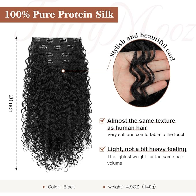Clip in Hair Extensions, FLUFYMOOZ 4PC 100％ Pure Protein Silk Hair Extensions Long Soft Natural Hairpiece 20 Inch Curly Hair Extension for Women (Black)