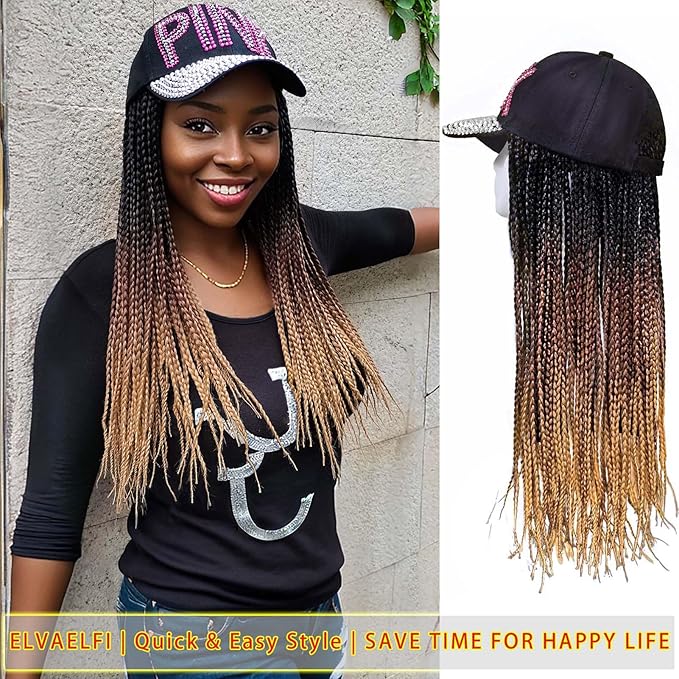 Bling Cap w/18 inch 3X Braids Wigs 100 Strands, Ombre Brown Hair Extensions, Breathable & Effortless Chic