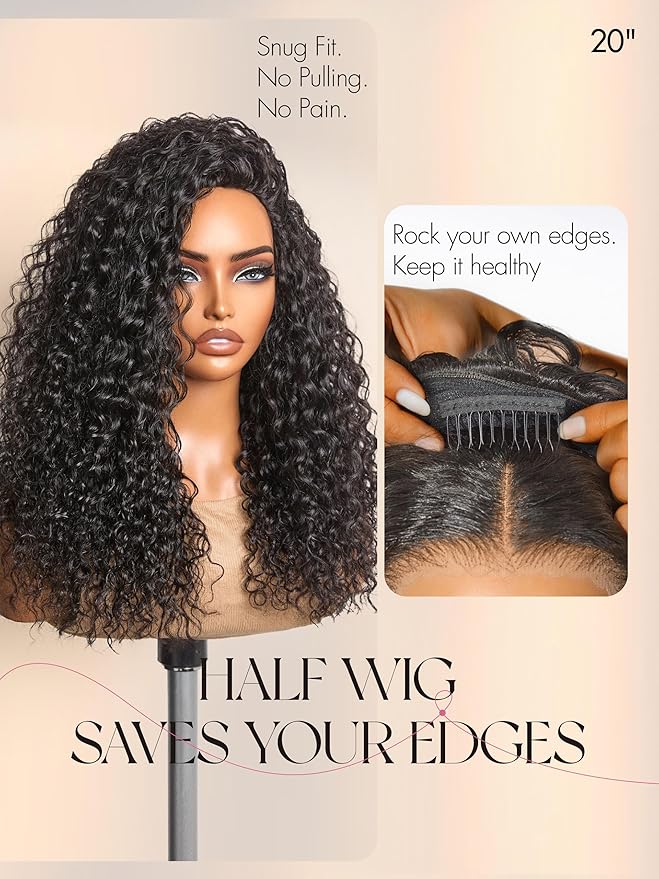 LUVME HAIR Half Wig Human Hair Water Wave Flexi-Fit Invisi Flip Drawstring Wig 200% Density Glueless Wigs 100% Human Hair Natural Black Ready to Go Headband Wig for Women