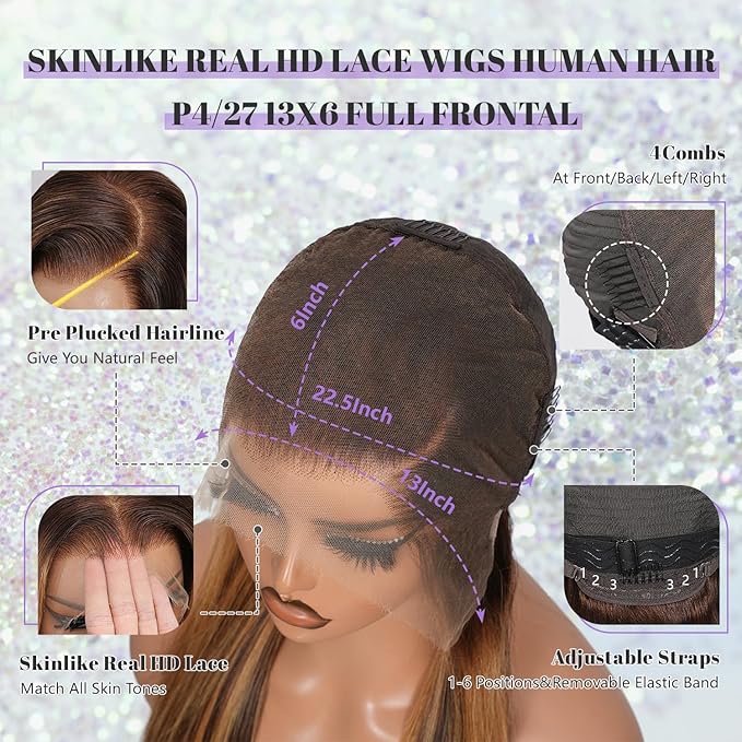 0.10MM Ultra-thin 13x6 Real SKINLIKE HD Lace Wig Pre Plucked Vivid Clean Hairline Small Knots 200 Density Straight P4/27 Highlight Frontal Wigs for Women Human Hair 28Inch Full Cuticle Aligned Hair