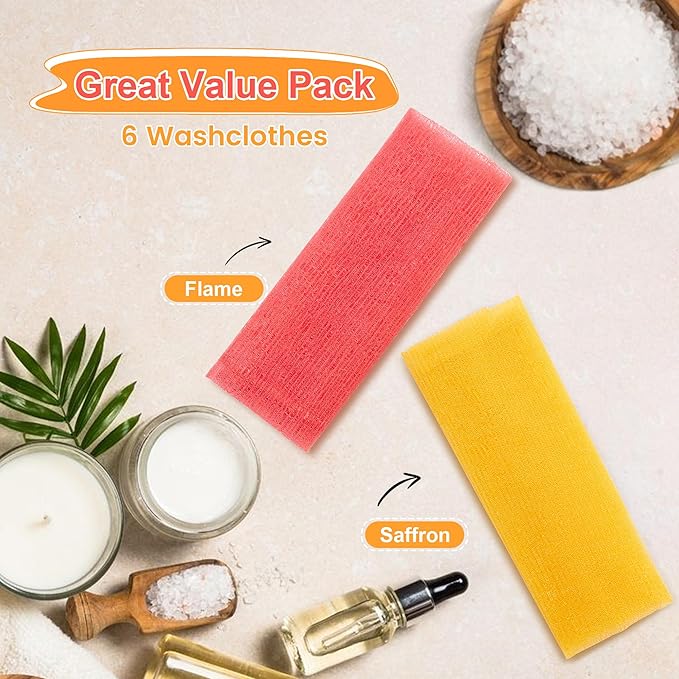 Exfoliating Washcloth, Exfoliating Shower Towel, Exfoliating Body Cloth, 6 PCS, Flame & Saffron
