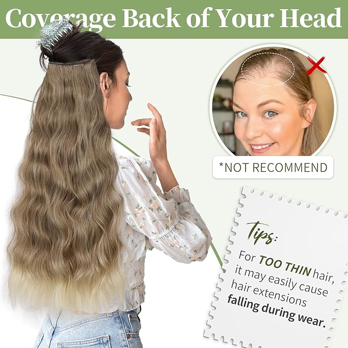 KooKaStyle Invisible Wire Hair Extensions with Transparent Wire Adjustable Size 4 Secure Clips Long Wavy Secret Synthetic Hairpiece for Women(24 Inch 10T613#Ash Brown mix Bleach Blonde)