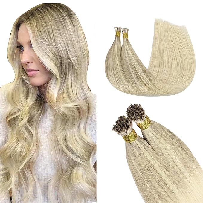 GOO GOO I Tip Hair Extensions Real Human Hair, 14inch 100g 200S, Cold Fusion I Tip Hair Extensions, Invisible Remy Hair Extensions, 17/22/60 Balayage Ash Blonde to Golden Blonde and Platinum Blonde