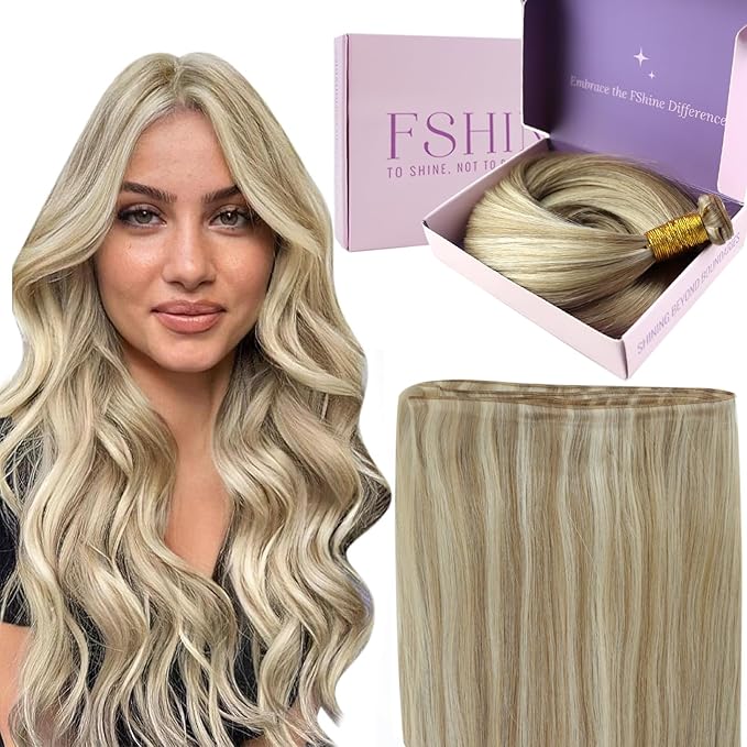 Fshine Hair Genius Weft 18 Inch 50g Ash Blonde and Golden Blonde Highlight Sew in Human Hair Extensions Remy Human Hair Weave Real Human Hair Extensions for Women Hair Weave Natural Human Hair