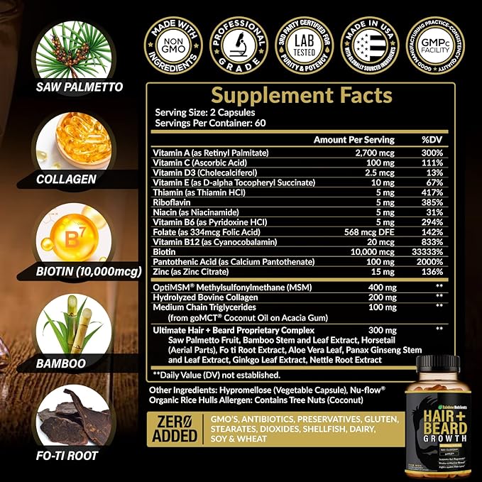 Hair + Beard Growth Vitamins for Men | Biotin 10,000mcg, Collagen, Patented OptiMSM®, goMCT®, Saw Palmetto | 60 Day Supply | Naturally Regrow Stronger, Thicker, Healthier Hair & Stops Hair Los