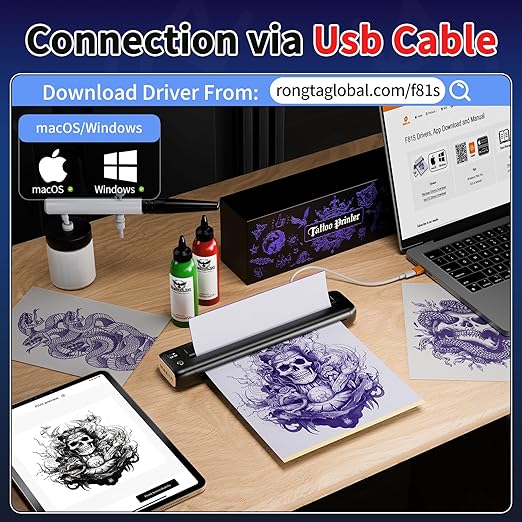 Rongta Tattoo Stencil Printer, Wireless Tattoo Machine, Tattoo Supplies for Perfessional and Beginners, Bluetooth/USB Connectivity, 5pcs Free Stencil Paper Included, Black