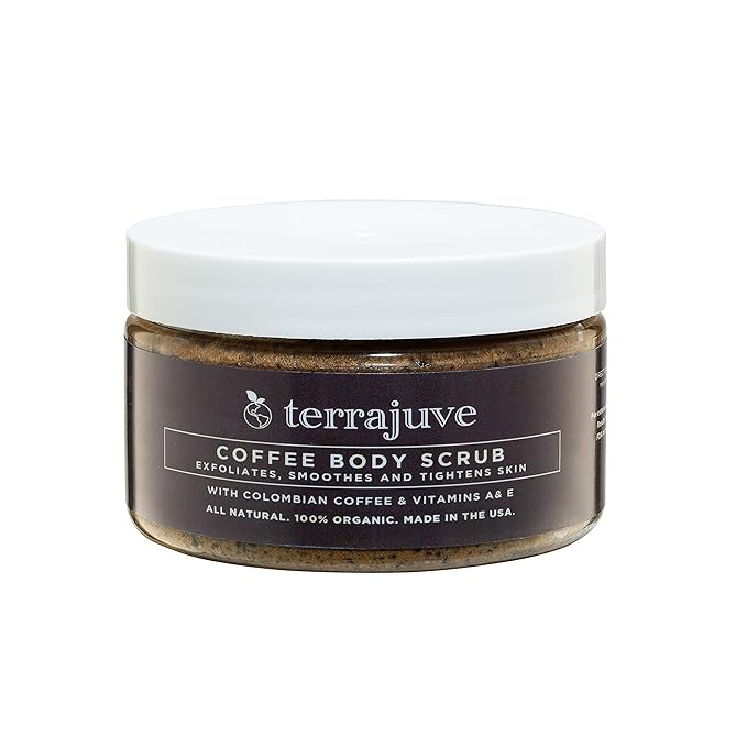 Coffee Body Scrub Exfoliator for Cellulite by Terrajuve, Exfoliates, Smoothes, and Tightens Skin, with Colombian Coffe Beans, Shea Butter, and Hempseed Oil, Pure, Organic, All Natural, Made in USA