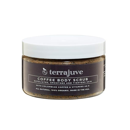 Coffee Body Scrub Exfoliator for Cellulite by Terrajuve, Exfoliates, Smoothes, and Tightens Skin, with Colombian Coffe Beans, Shea Butter, and Hempseed Oil, Pure, Organic, All Natural, Made in USA