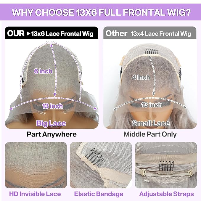 Grey 13x6 Lace Front Wigs Human Hair 200 Density HD Body Wave Lace Front Wigs Human Hair Pre Plucked Pre Cut Lace Frontal Wig 13x6 Body Wave Wig for Women 30 Inch
