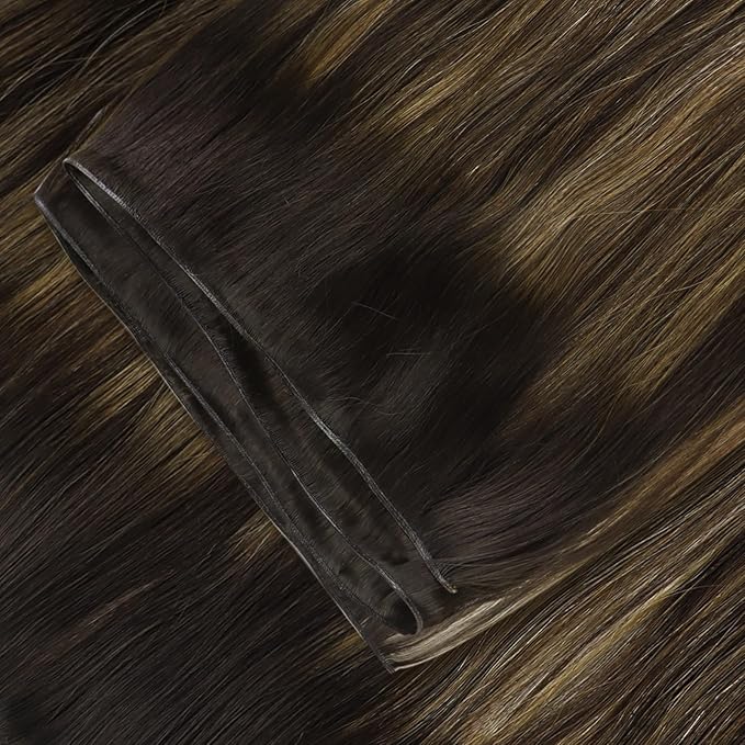 Fshine Sew in Genius Weft Hair Extension Human Hair 14 Inch Brazilian Fading to Light Brown and Darkest Brown Hand Tied Genius Weft Hair Extensions Balayage Sew in Human Hair Extensions 50g
