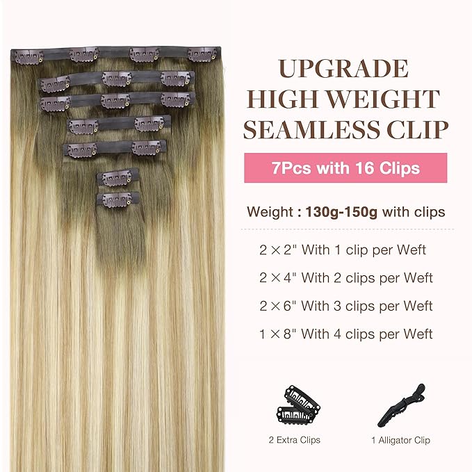 GOO GOO Clip in Hair Extensions Real Human Hair, Remy Human Hair Extensions Clip ins for Women, Natural Human Hair, 16inch 130g 7Pcs, 5A/90/16F Bahamian Balayage