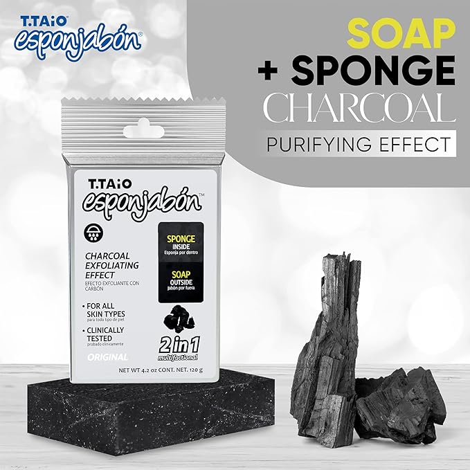 T.Taio Esponjabon Charcoal Soap Sponge - Cleansing Shower Scrubber - Cleaning Bath Wash Scrub - Oil Removal - Massage & Lather Foot, Elbow, & Face - Bathroom Accessories - Charcoal - 2 Pack