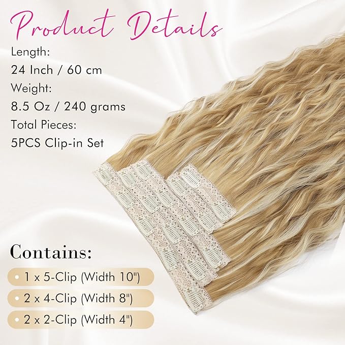 Clip in Hair Extensions, REECHO 5PCS Brown Hair Extensions 24" Thick Long Loose Waves hair extensions HE002 Invisible Lace Weft Natural Soft Hairpieces for Women – Dark Blonde with Highlights