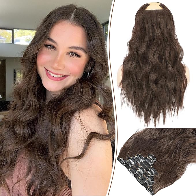 KooKaStyle Clip in Hair Extensions for Women,Chocolate Brown with Dark Brown 7PCS 16 Inch Hair Extensions Clip Ins Soft and Natural Hair Pieces for Women Thick Long Wavy Hair