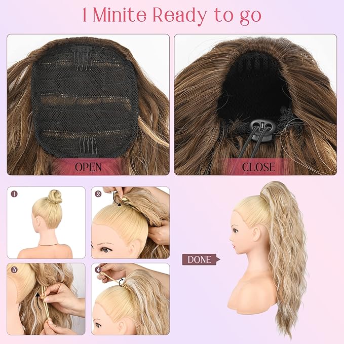 HOOJIH Ponytail Extension, Drawstring Ponytail Hair Extensions 26 Inch Long Curly Wavy Ponytail Natural Wavy Synthetic Hairpiece for Women Daily Use - Ombre Gray