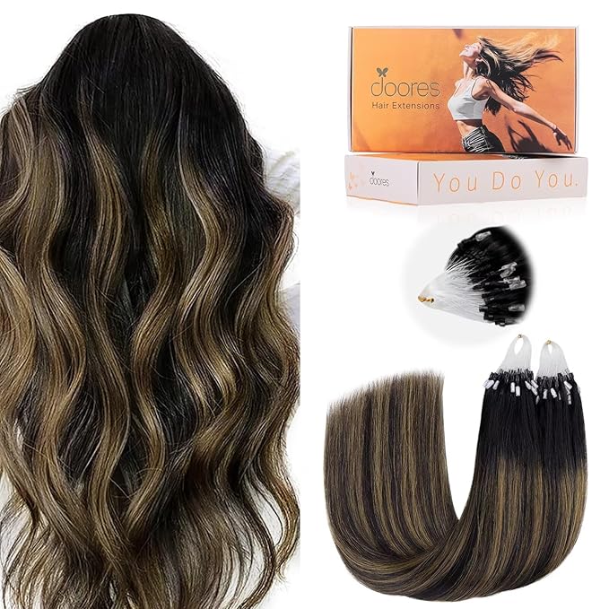 DOORES Microlink Hair Extensions, Natural Black to Chestnut Brown 24 Inch 50g/50s, Invisible MicroBead Hair Extensions for Women, Human Hair Extensions