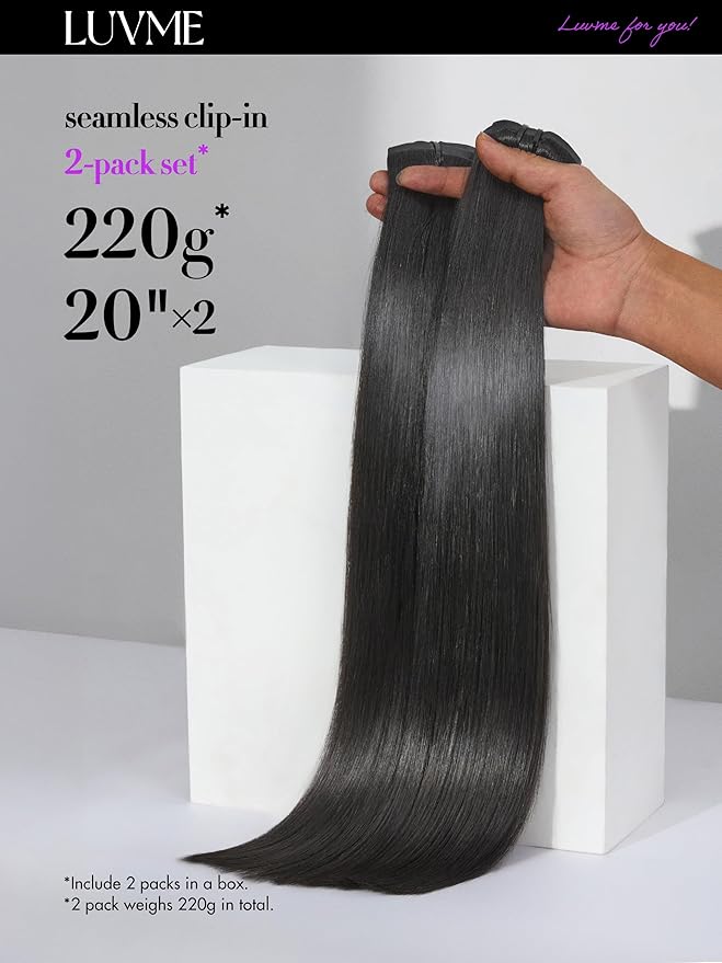 LUVME Silky Straight Seamless 2 Pack 220g 14Pcs Clip in Hair Extensions Full Max with 20inch Remy Human Hair Extensions, Natural Black 100% Real Soft Hair