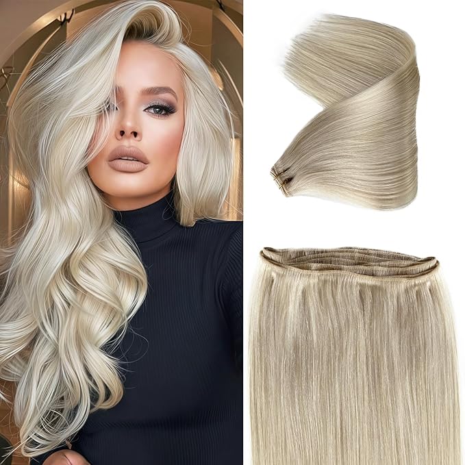 White Blonde Sew in Hair Extensions Real Human Hair, 18 Inch 100G, Silky Straight, Thick and Full White Blond Human Hair Bundles Sew in, Invisible and Seamless Blonde Hair Weft Extensions