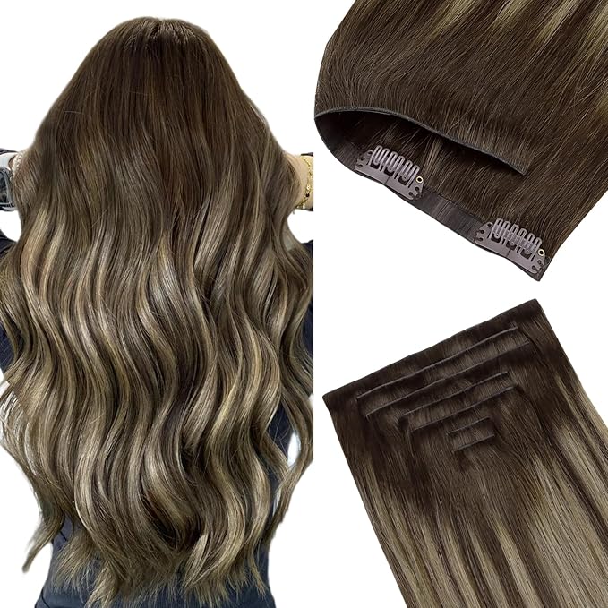 GOO GOO Invisi Edge Clip in Hair Extensions 16inch 120g 7Pcs Injected Seamless PU Clip in Hair Extensions, Virgin Real Human Hair, 4/26/4 Balayage Chocolate Brown to Honey Blonde