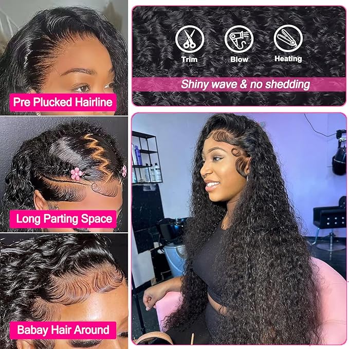 Water Wave Human Hair Wig 200 Density 13x6 Lace Frontal Wigs Human Hair Pre Plucked with Baby Hair Curly Wig for Black Women Natural Color 38 Inch