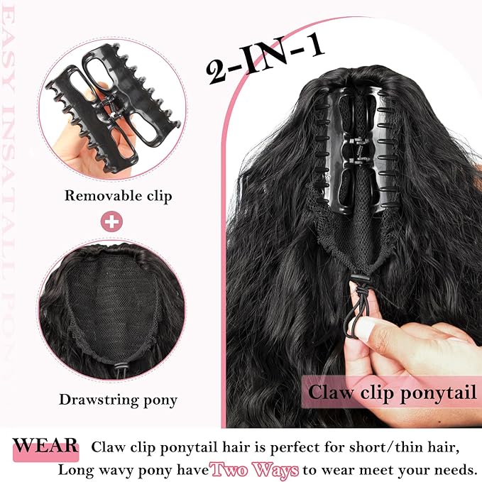 ENBEAUTIFUL 30" Claw Clip Ponytail Extension Long Wavy Ponytail Extension Synthetic Pony Tails Hair Extensions Clip in Synthetic Hair pieces Fluffy Natural Looking for Women Black