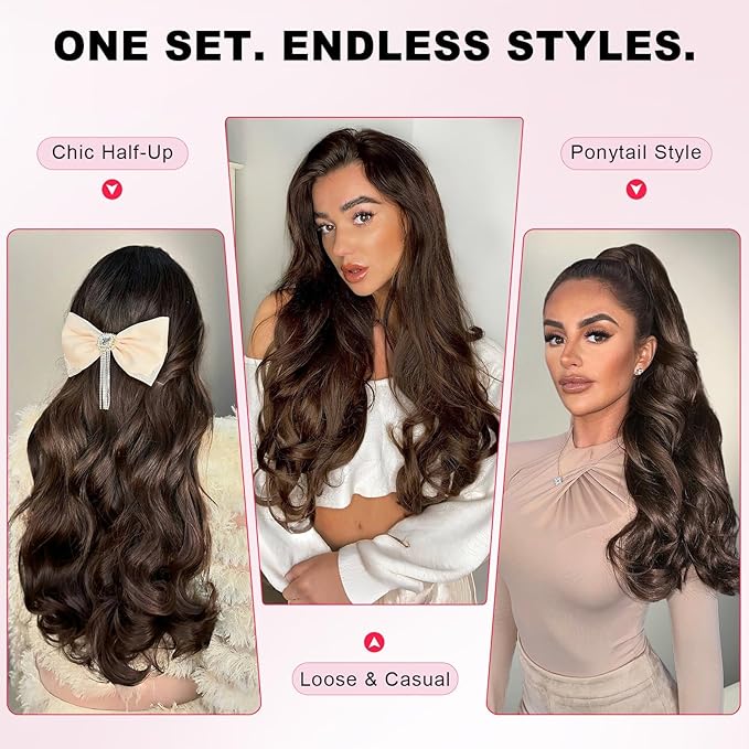 ALXNAN Long Wavy Hair Extensions for Women, Clip in Hair Extensions Clip Ins Soft Full Head Synthetic Hairpieces 20 Inch Black Hair with Red Highlights