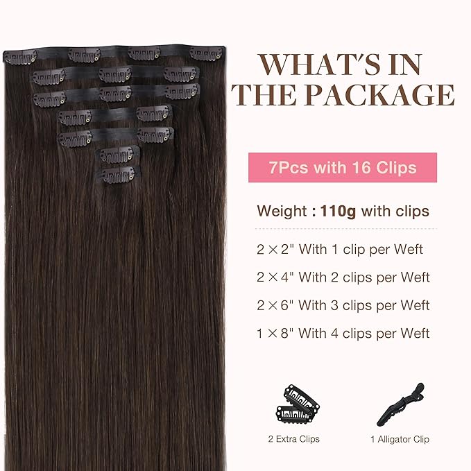 GOO GOO Clip in Hair Extensions Real Human Hair, Remy Human Hair Extensions Clip ins for Women, Natural Human Hair, 20inch 110g 7Pcs, 2A Light Brown