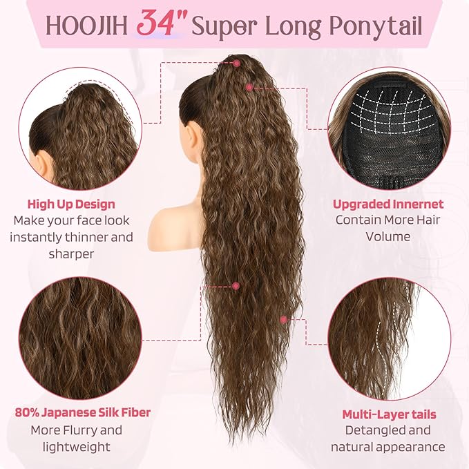 HOOJIH Ponytail Extension, 34 Inch Extra Long Drawstring Ponytail Clip in Pony Tails Hair Extension Flurry Wavy Ponytails Soft Upgraded Synthetic Fiber Fake Ponytail Hairpiece for Women - Mocha Melt