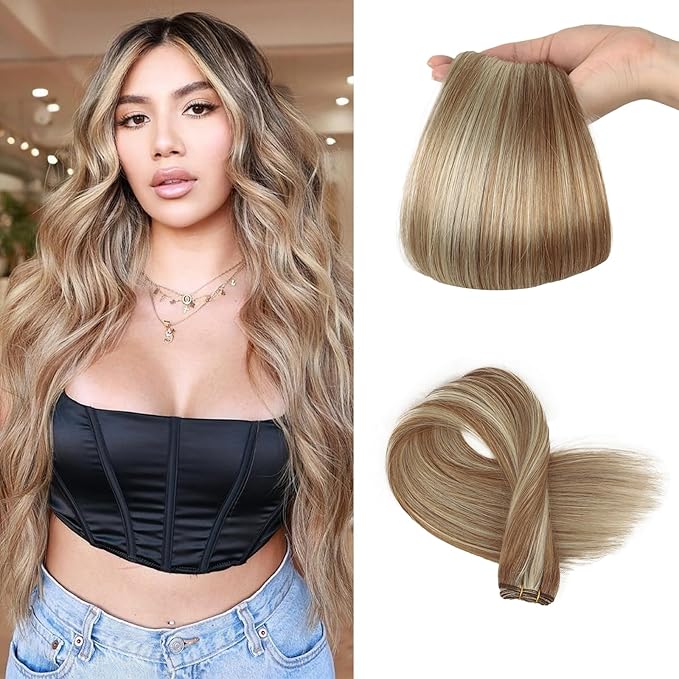 Sew in Hair Extensions Real Human Hair, 110g 20 inch Highlighted Color Ash Brown Mix with Platinum Blonde Hair Extensions Double Weft Remy Straight Weave Bundles Human Hair