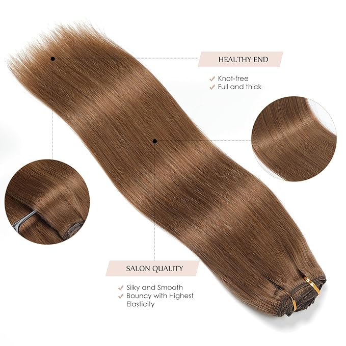 Sisily Clip in Hair Extensions Real Human Hair, 14 inch 130g, Medium Light Brown, 100% Brazilian Remy Human Hair Clip in Extensions Soft Straight 7pcs Per Set with 16 Clips Double Weft