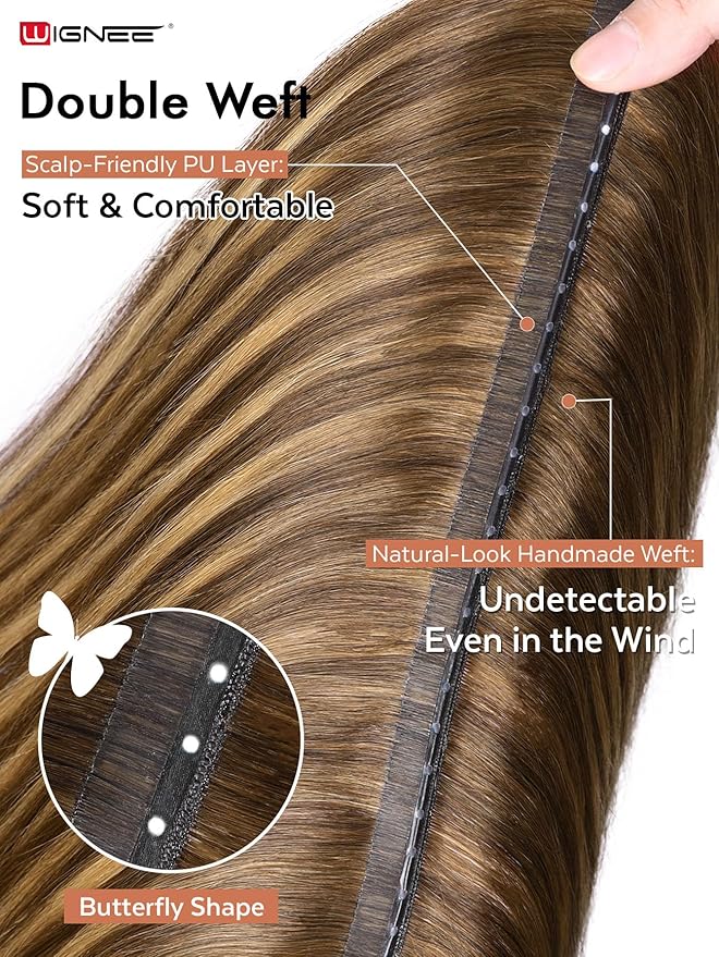 WIGNEE 20 Inch Double Invisible PU OVO Human Hair Extensions 100% Remy Human Hair Weft Highlight Honey Blonde Hair Extensions Human Hair 2PCS Glueless Wefts Micro Beads Hair Extension (T4/27)