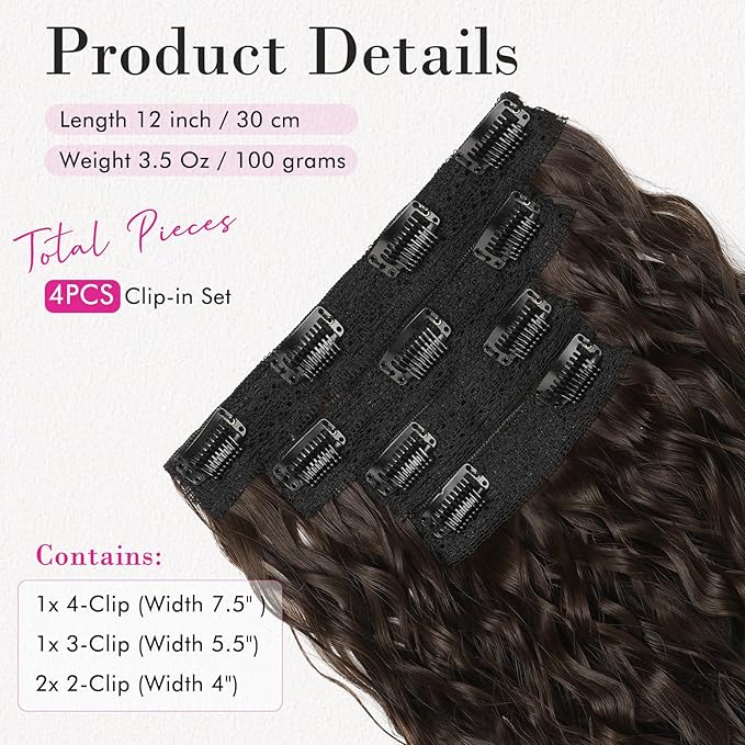 REECHO Clip in Hair Extensions, 4PCS Hair Extensions 12" Short Curly Wavy Blonde hair extensions Invisible Lace Weft Natural Soft Hairpieces for Women – Dark Brown