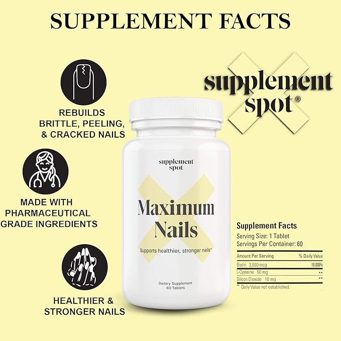 Maximum Nails Biotin Vitamins for Nails – Fast Nail Growth Treatment Formulated with Biotin, L-Cysteine & Silicon Dioxide - Nail Repair Strengthen and Growth Tablets (60 Count)